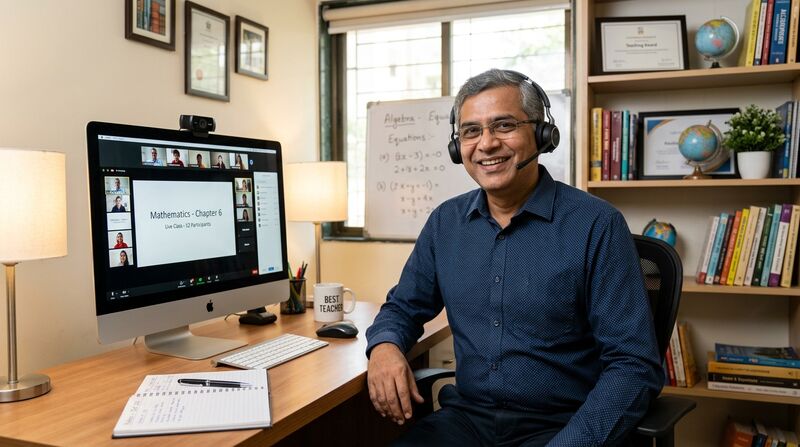 Indian tutor conducting online class with technology