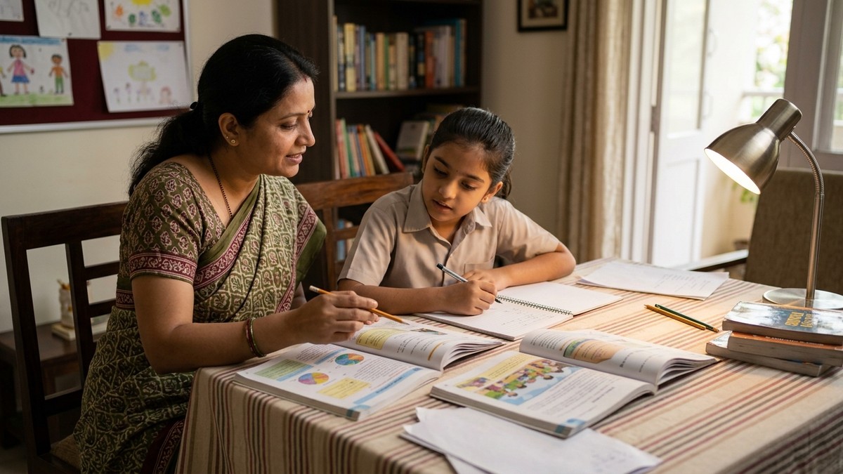 Indian parent helping child study at home - parent engagement learning pods