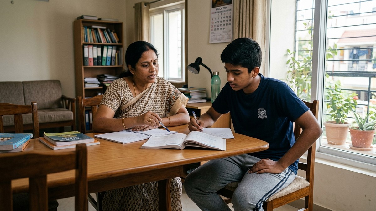 Indian parent helping teenager with exam preparation tips board exam at home