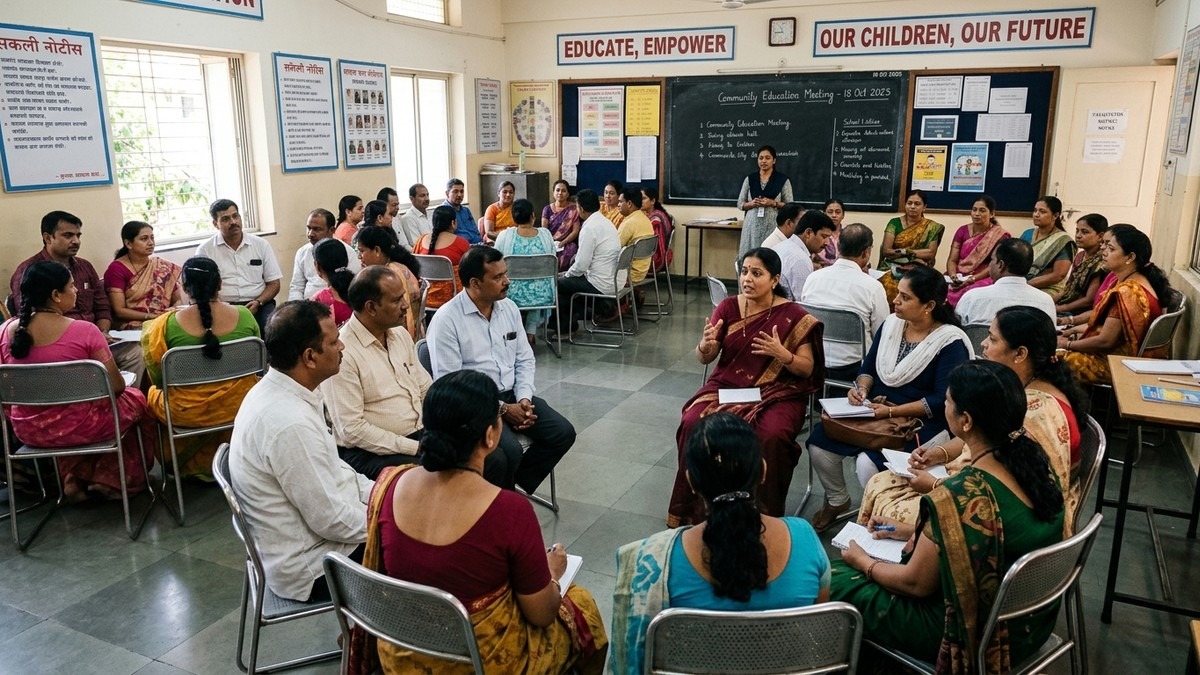 Group of Indian parents discussing parent engagement learning pods in community meeting