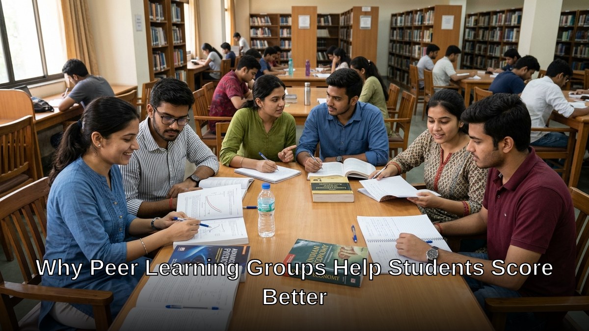 Indian students studying together in a group, helping each other with books and notes