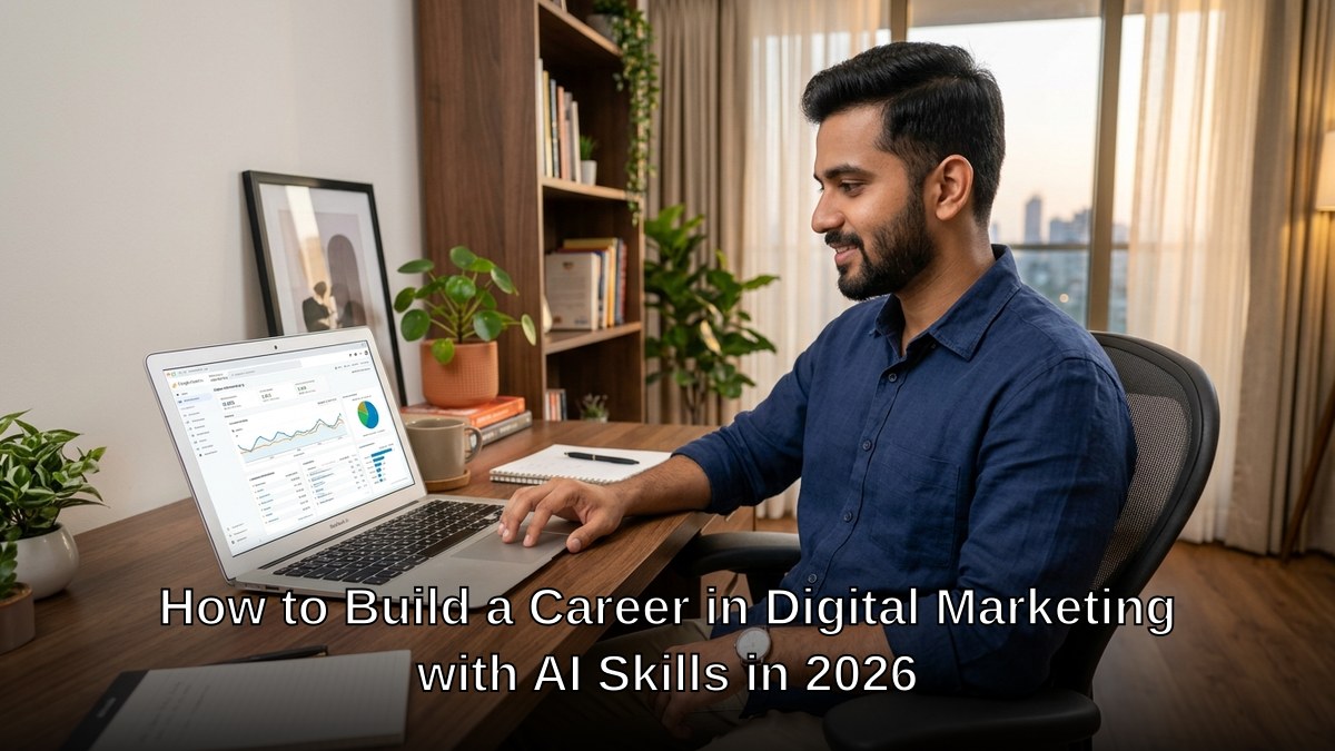 Indian professional working on digital marketing analytics dashboard with AI skills