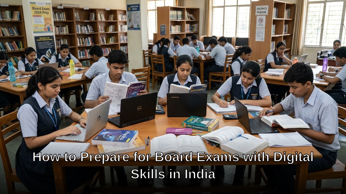 board exam digital skills India students studying with laptops and books