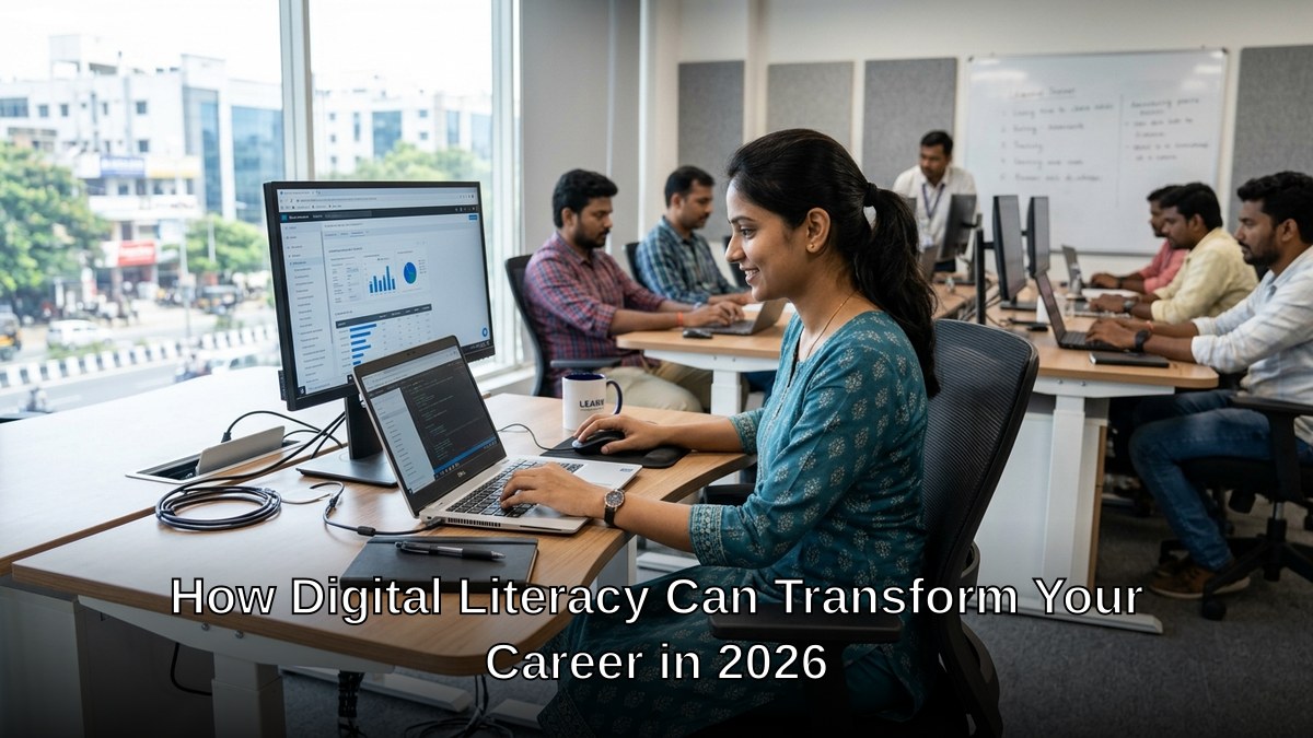 Indian professional learning digital literacy skills at desk