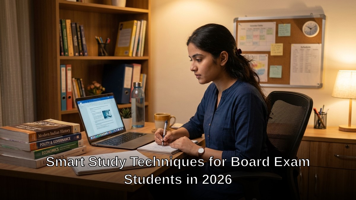 Indian student using board exam study techniques at desk with books and laptop
