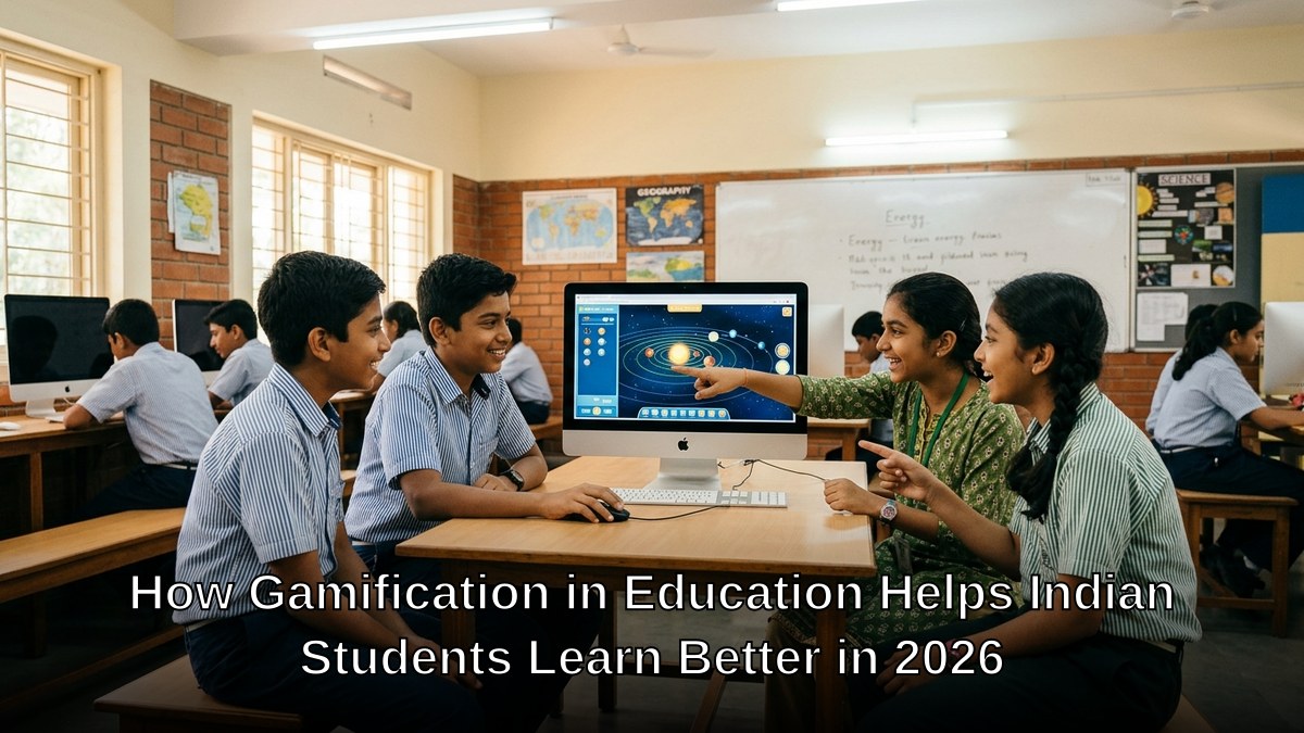 Indian students playing educational games on computer in classroom gamification in education