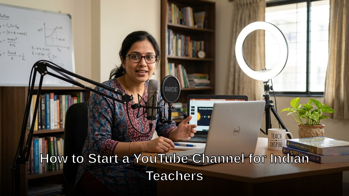 Indian teacher recording educational video at home desk with laptop and microphone for YouTube channel