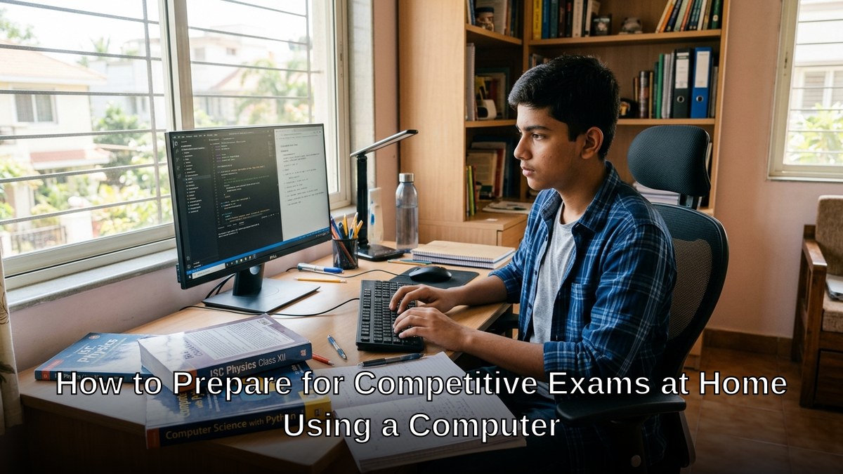 Student preparing for competitive exams at home on computer