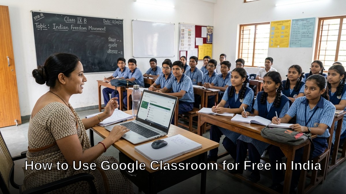 Indian teacher using Google Classroom India on laptop in classroom