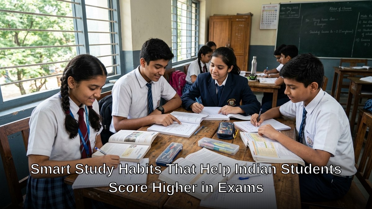 Study habits Indian students learning together at desk with books
