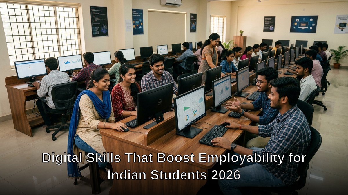Indian students learning digital skills for employability in computer lab