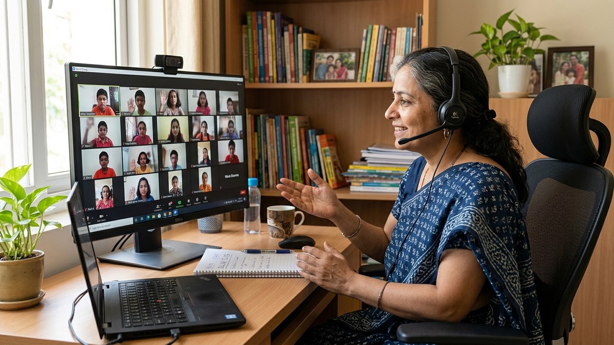 Indian educator conducting online class from home coaching centre