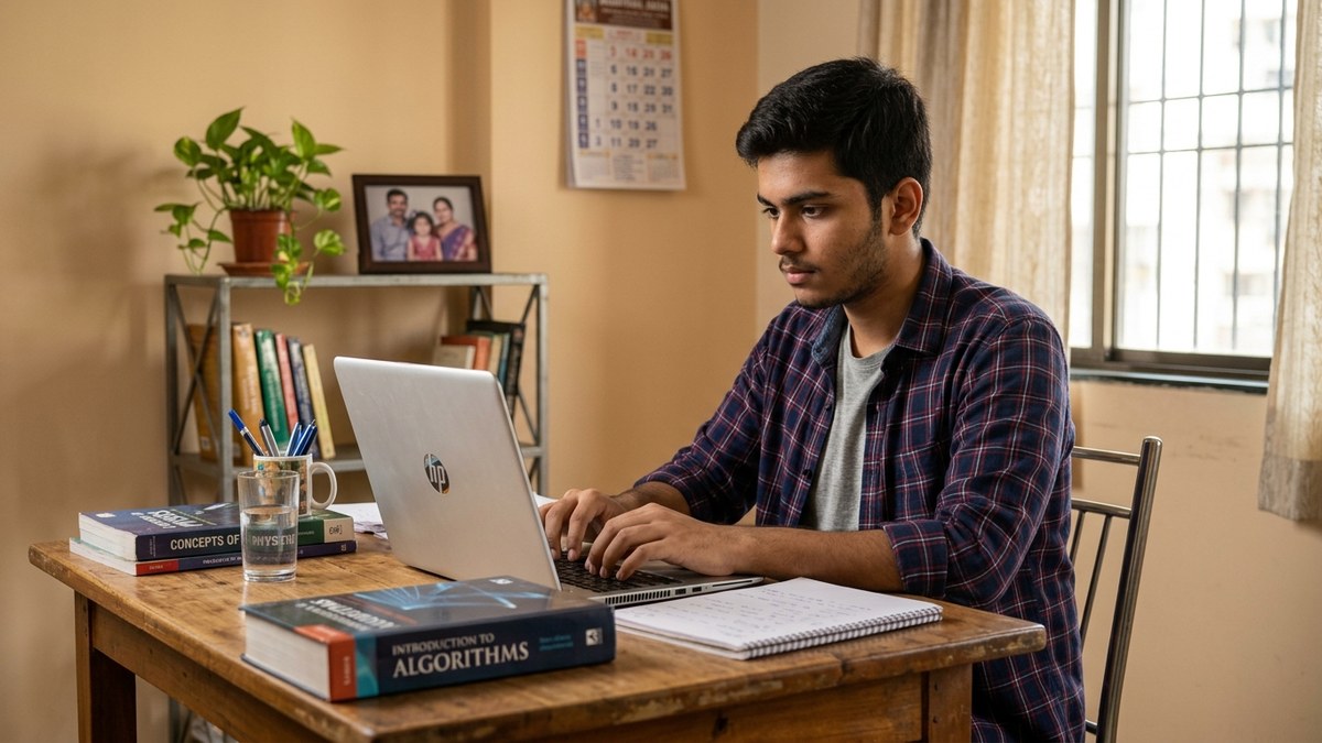 Indian student learning digital literacy skills on a laptop at home
