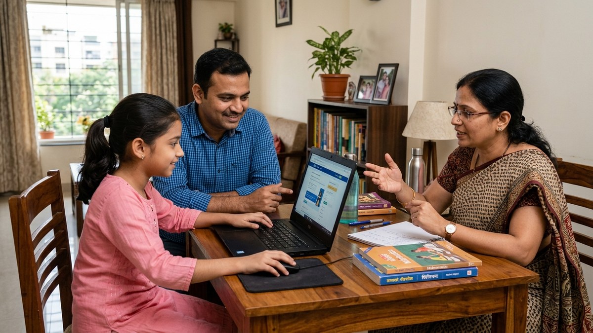 board exam digital skills - Indian parent helping child study with computer at home