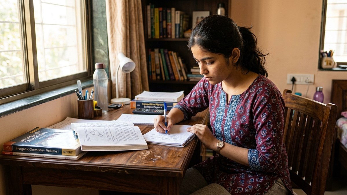 Study habits Indian students writing notes while studying at home with textbooks