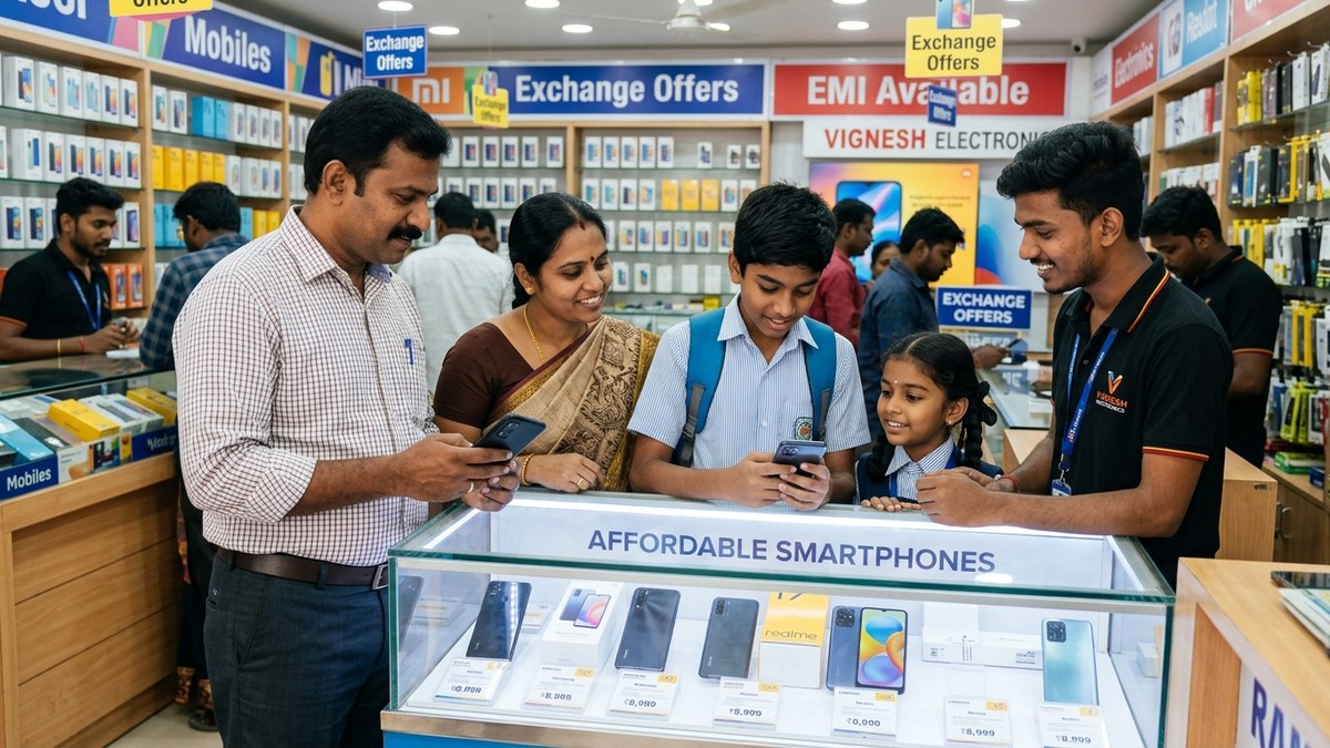 Indian parents and children choosing budget smartphones for students in India