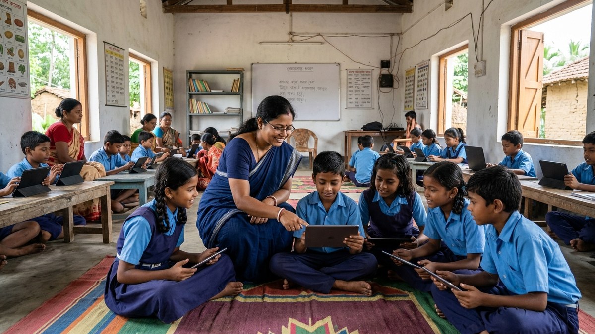 Indian village teacher helping students with digital devices at village POD learning center