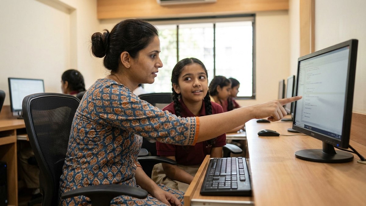 Trained educator guiding student through computer-based exam preparation