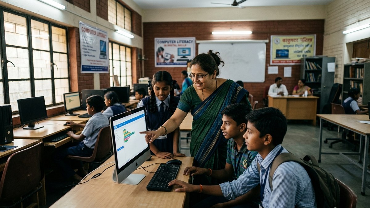 Indian teacher guiding students on computers in a community learning centre