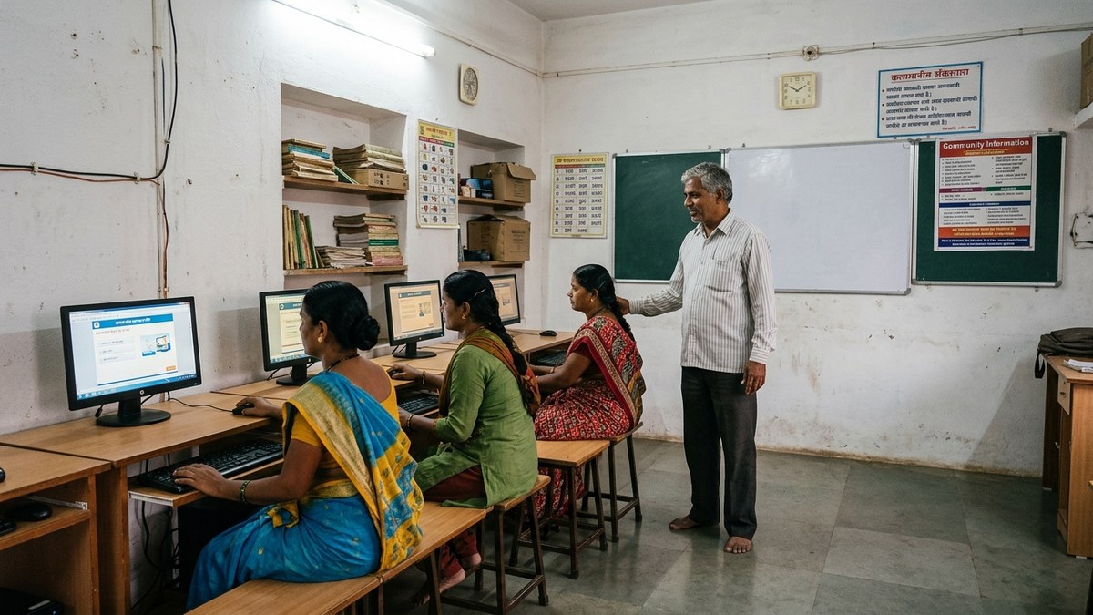 Indian community learning centre with students and educator using digital learning setup, home learning space India