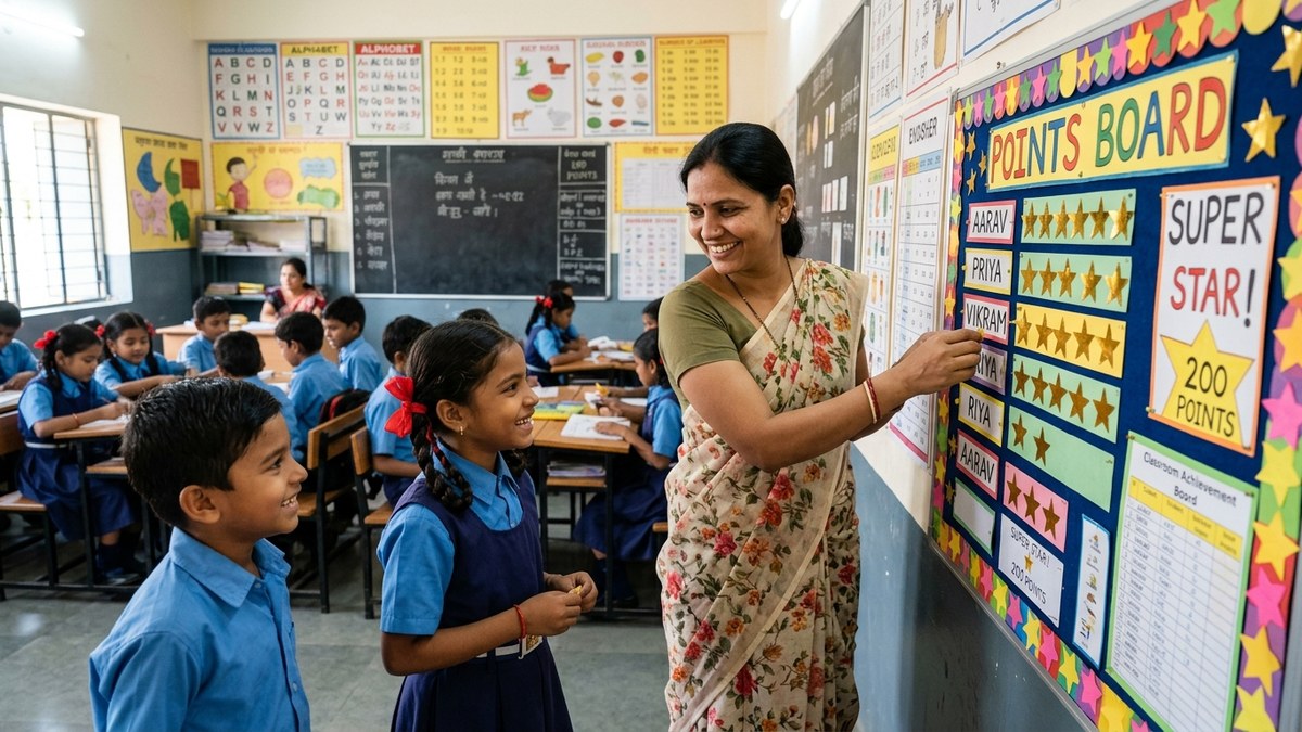 Indian teacher using reward stickers and points board with students game-based learning