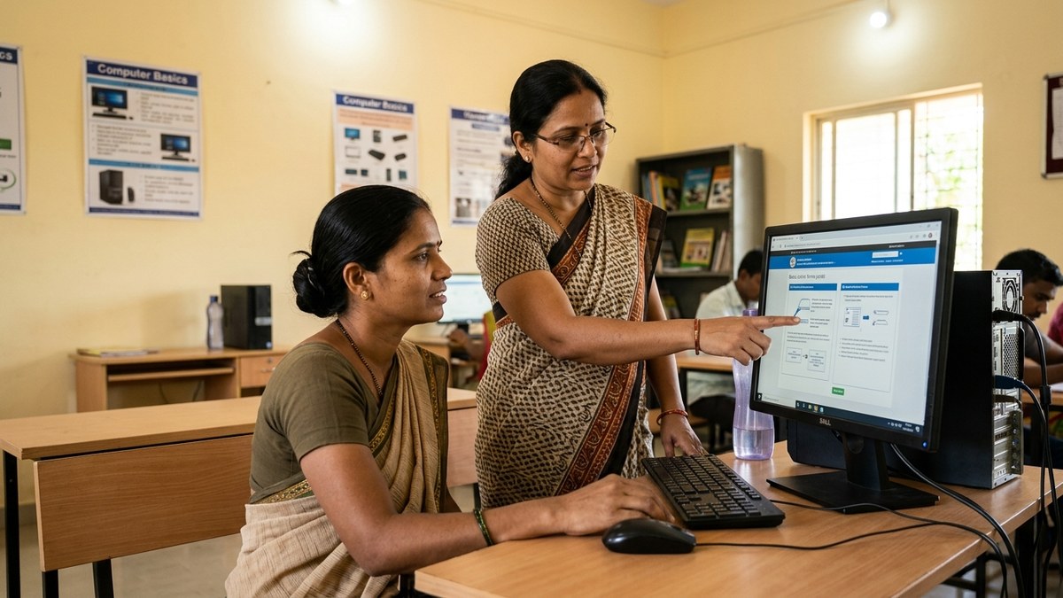 Indian educator teaching digital literacy to a homemaker at a computer workstation