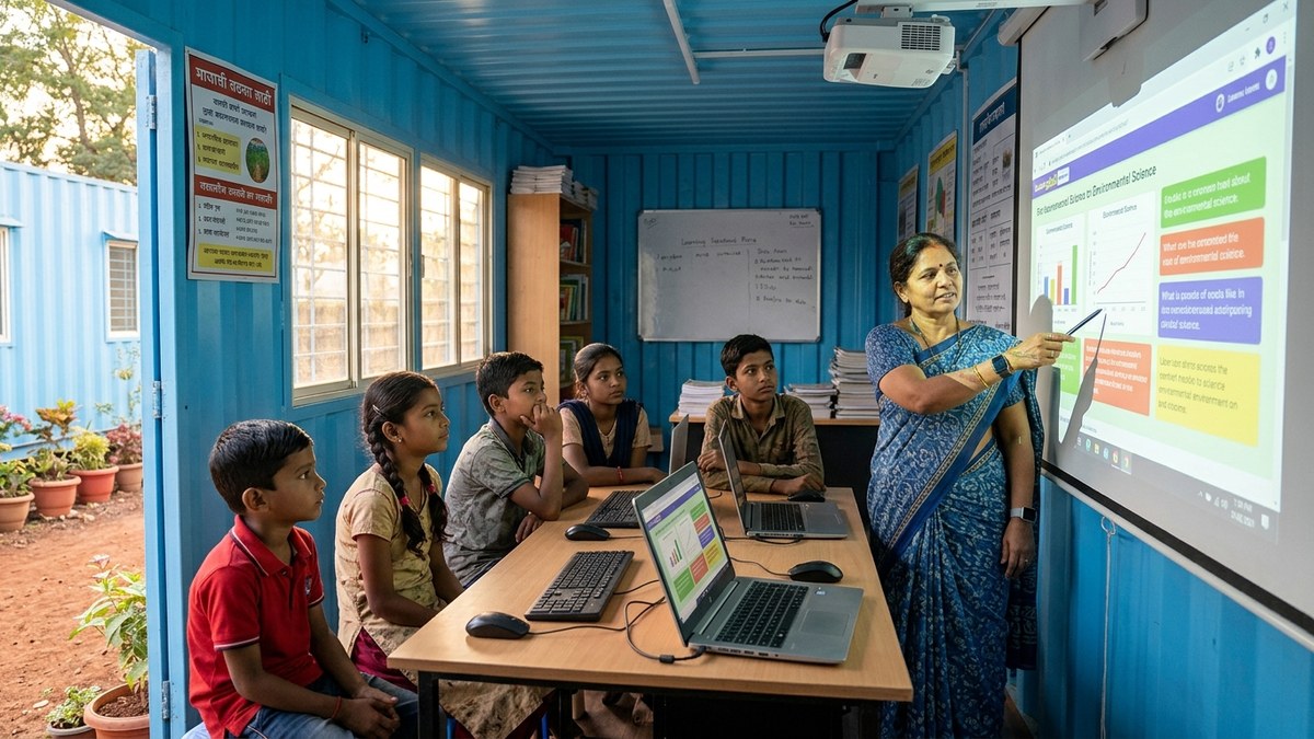 Smart classroom setup India with community learning centre and students