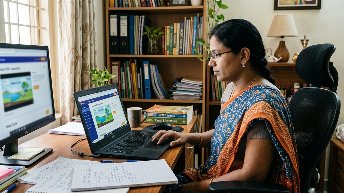 AI tools for Indian teachers woman reviewing digital lesson plan