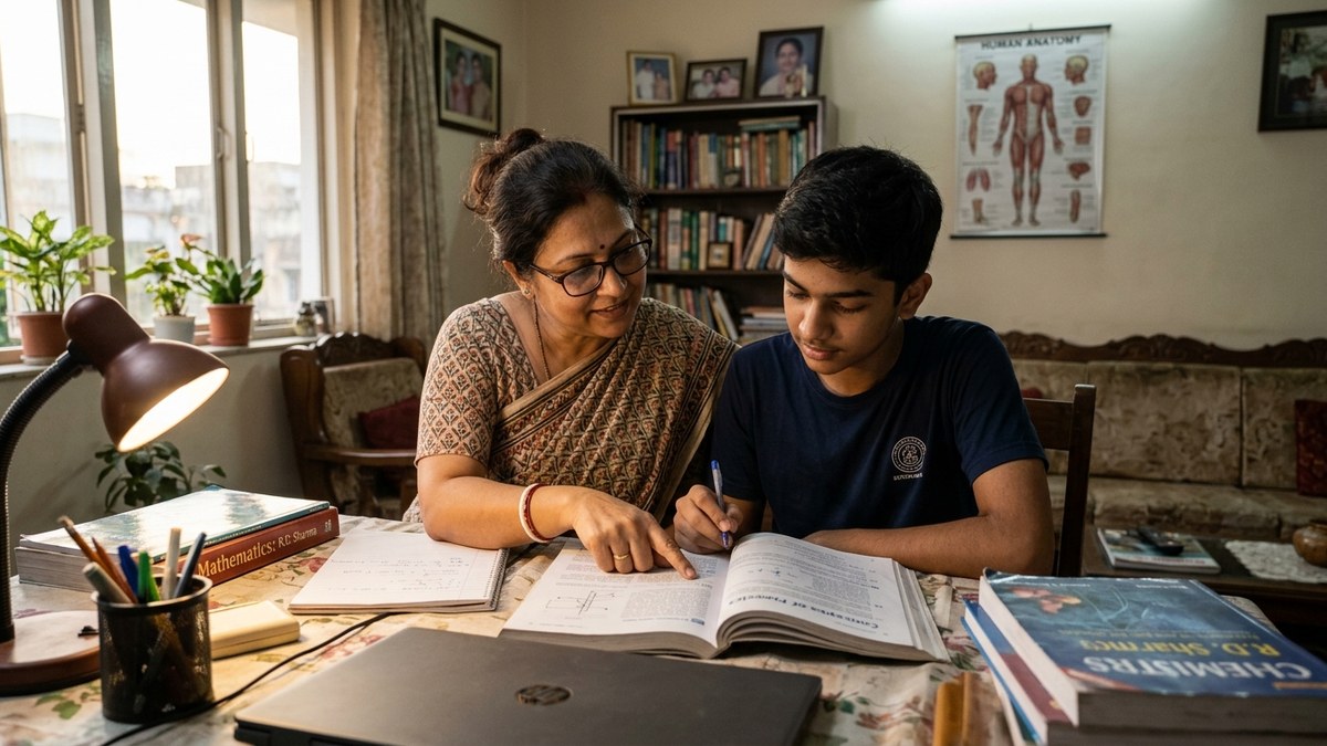 Indian mother helping son with board exam study techniques at home