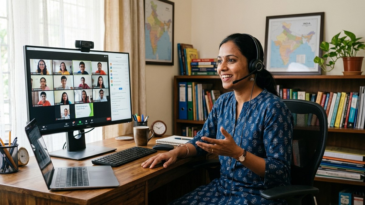 Home tutoring business India with educator teaching online using computer