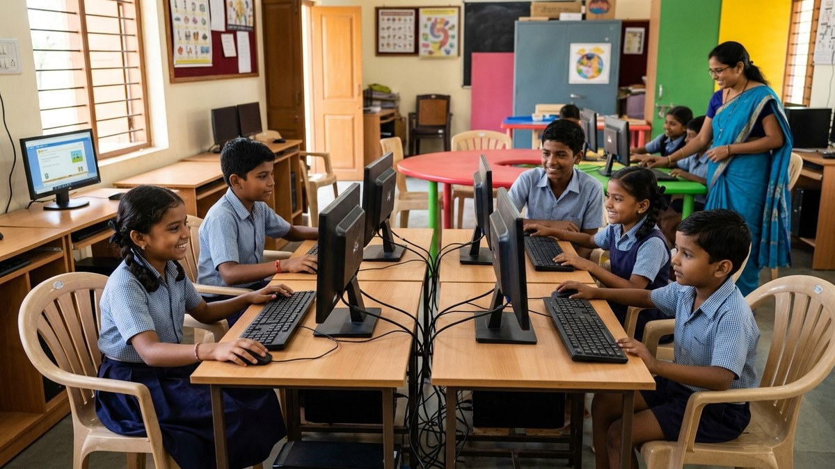 Indian child learning coding classes for kids India on computer at home