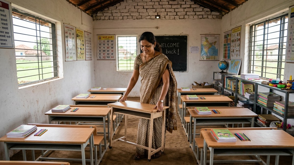 microschool India small town educator arranging classroom