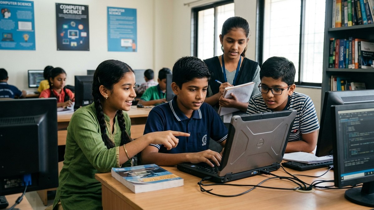 Indian kids working together on a laptop, coding project