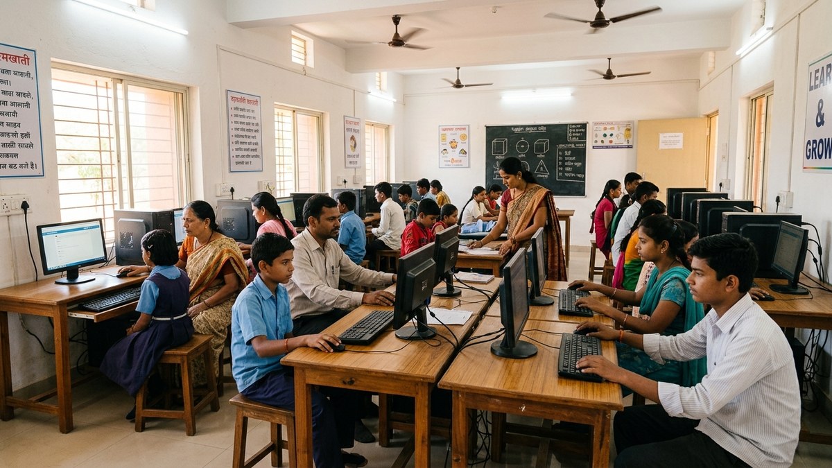 Community learning centre in India with students practicing typing on computers