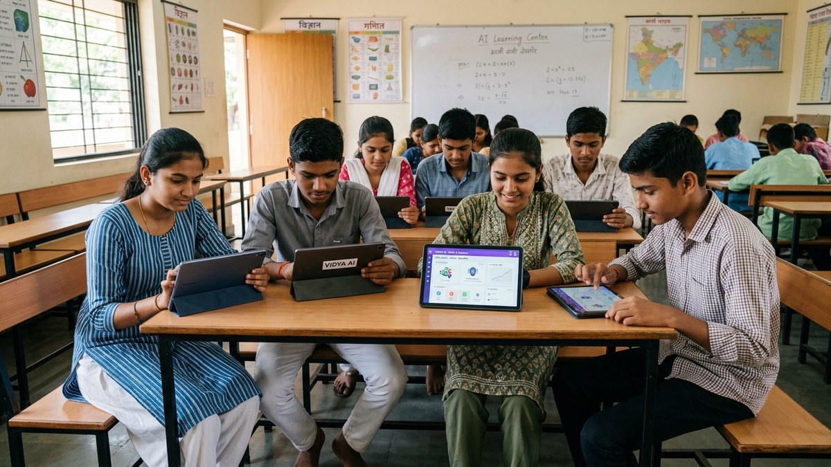 AI tools for Indian teachers help students learn with tablets in classroom