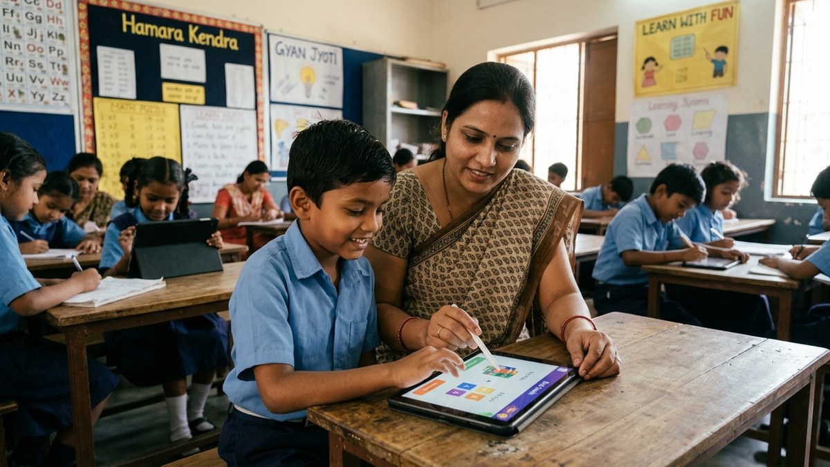 AI for Indian students: teacher helping student use tablet for learning in community setting