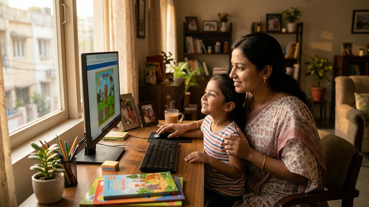 Indian mother guiding young child at computer desk home learning POD India