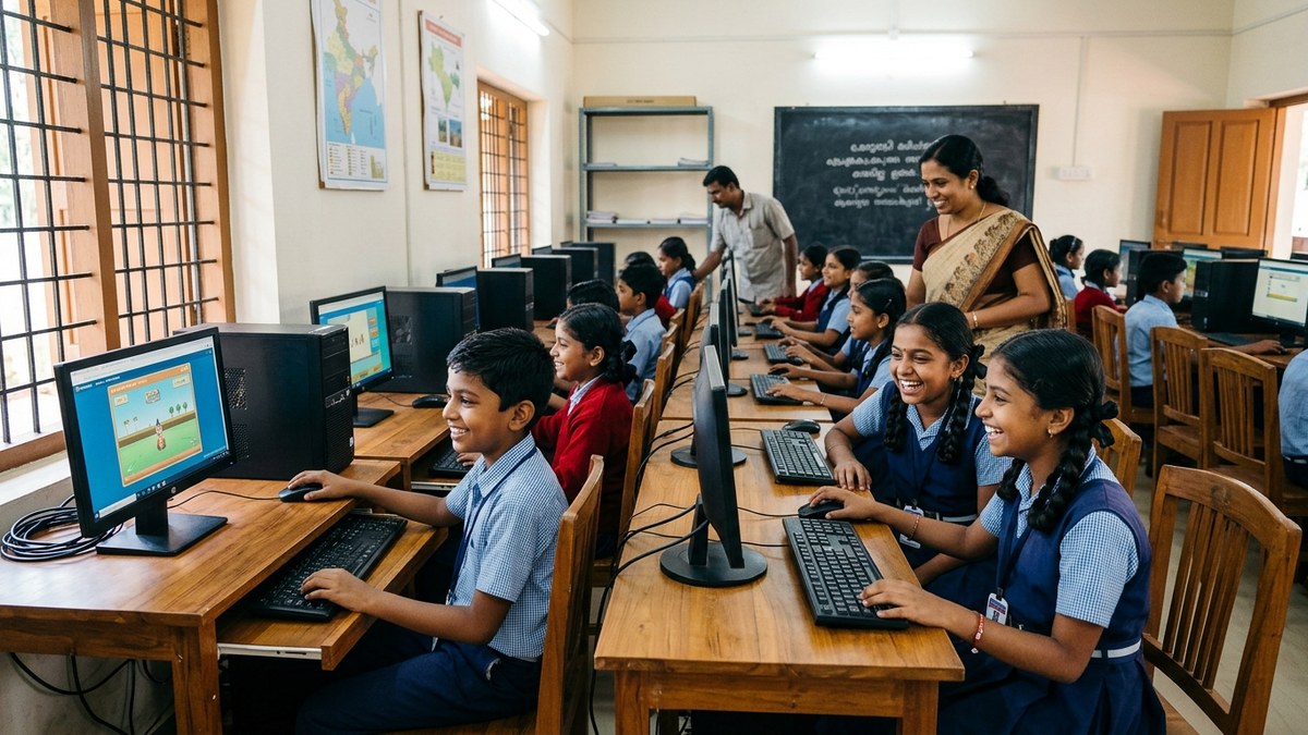 Indian children safely using computers in a supervised classroom setting