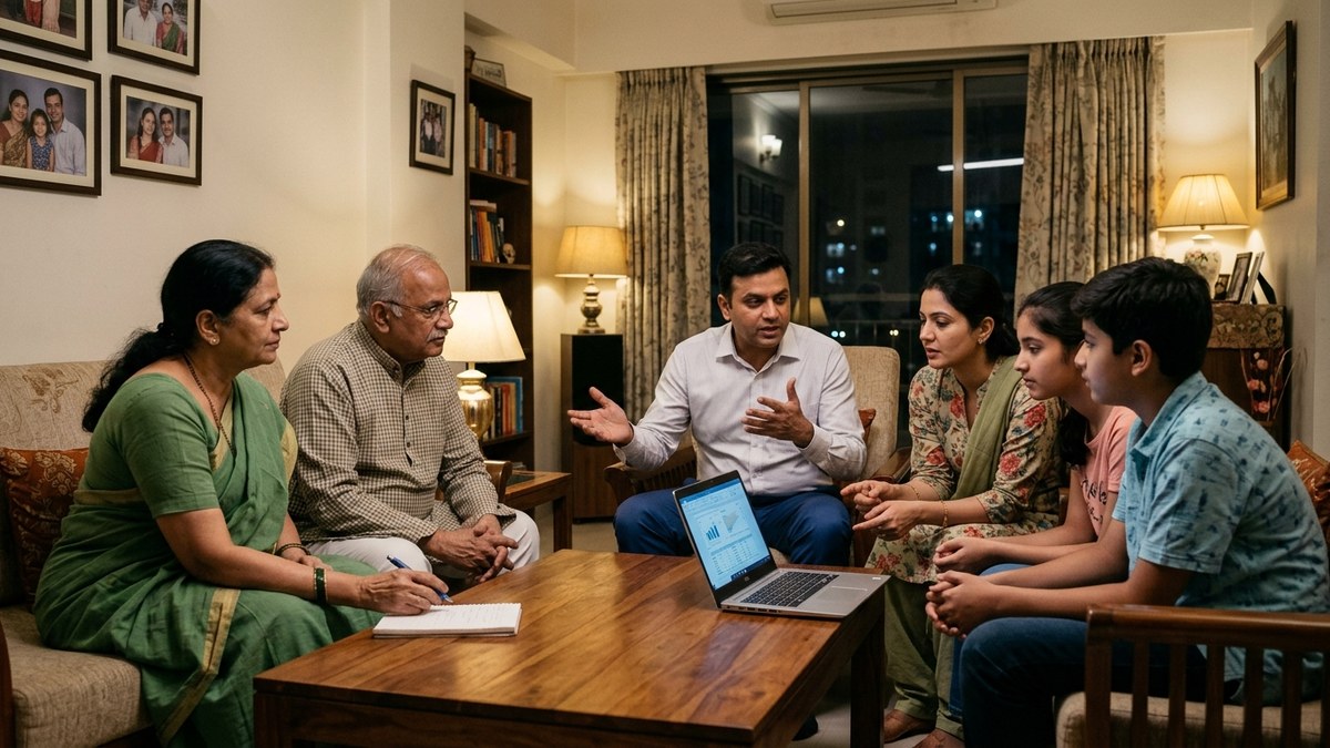 Indian family discussing online safety together at home with a laptop