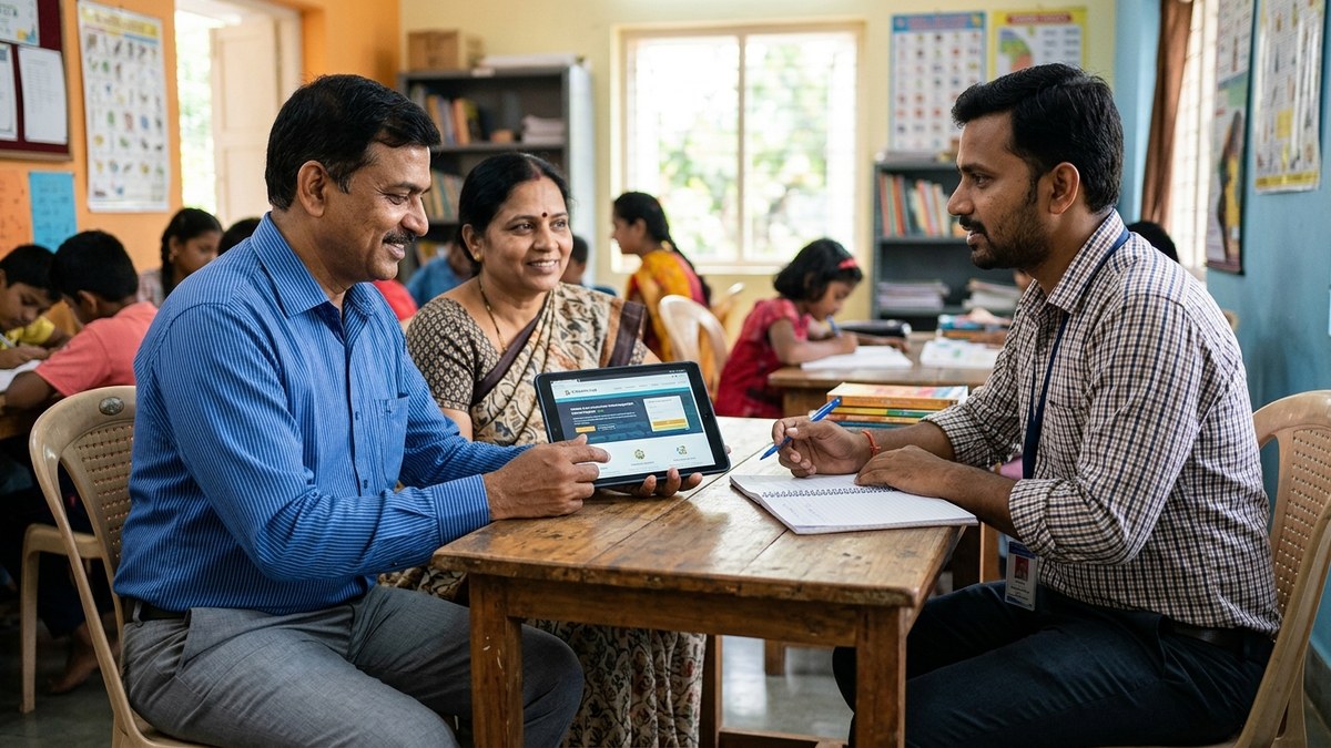 Indian tuition teacher consulting with parents about coaching class website