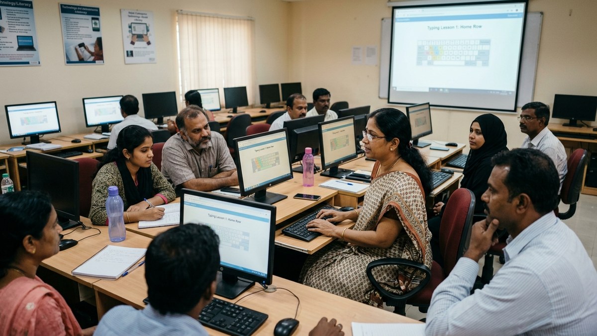 Indian female educator demonstrating keyboard typing technique to adult learners