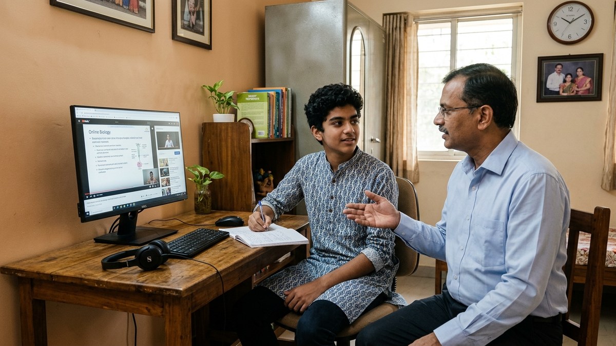 Affordable computer setup in Indian home classroom with student learning