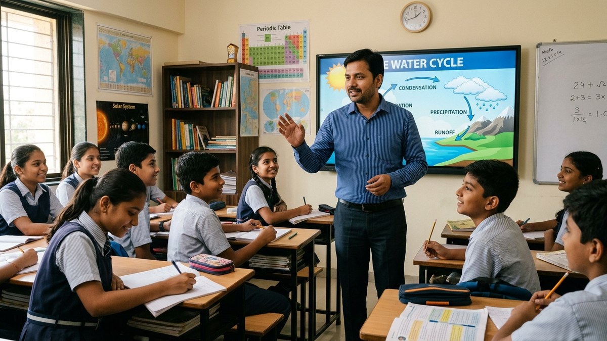 Indian tuition teacher interacting with students while showing educational content on screen for YouTube