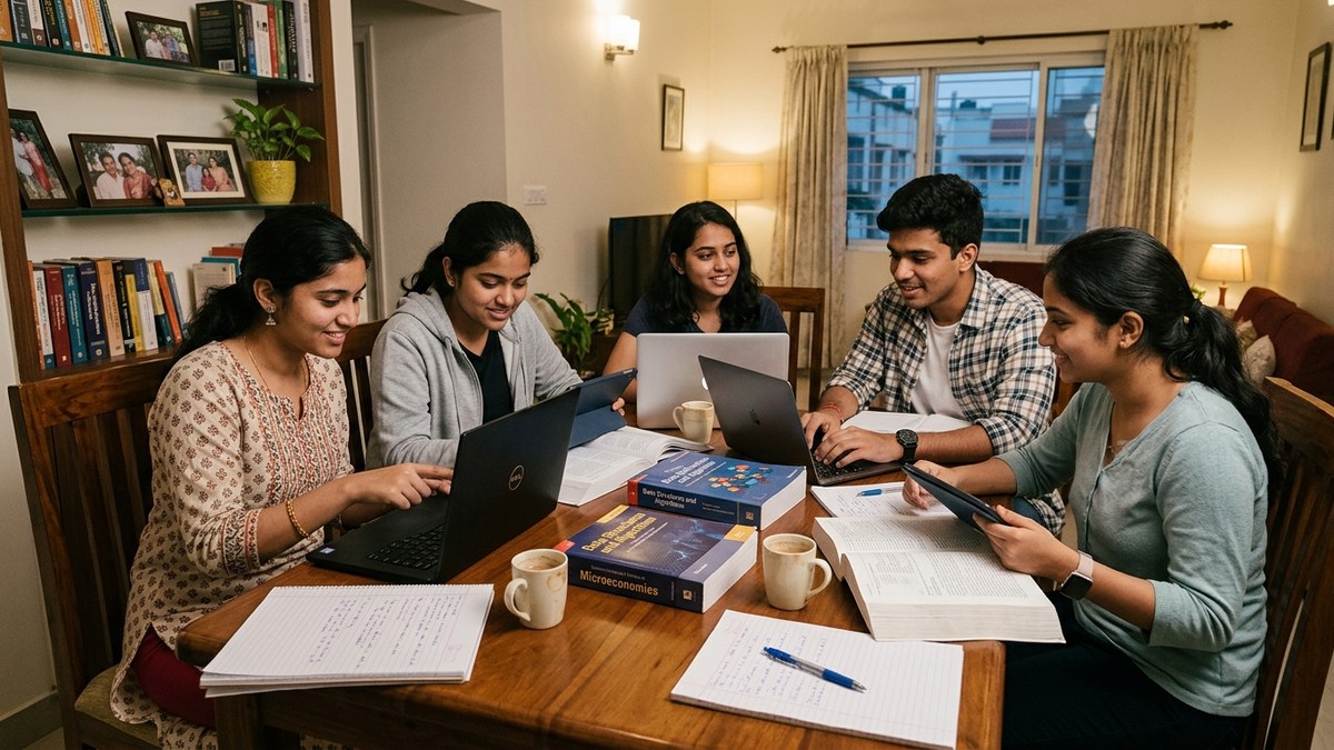 board exam digital skills India students in study group with digital devices