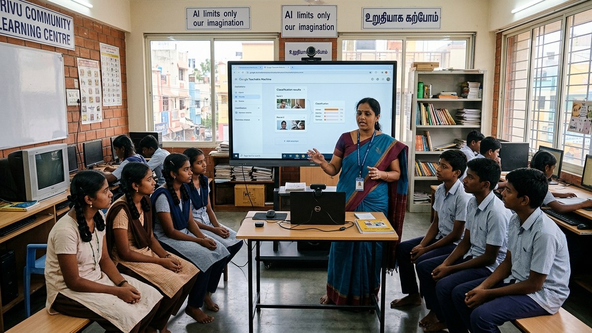 Indian educator teaching AI skills for students in community learning centre