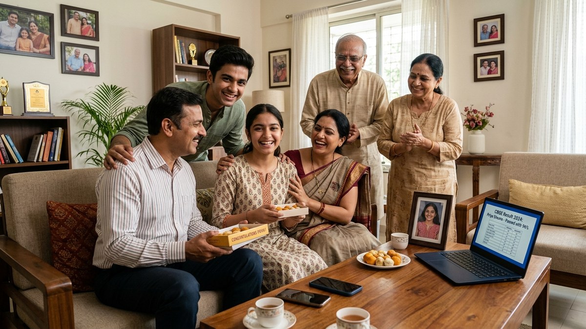 family celebrating exam results with digital devices for board exam digital preparation success