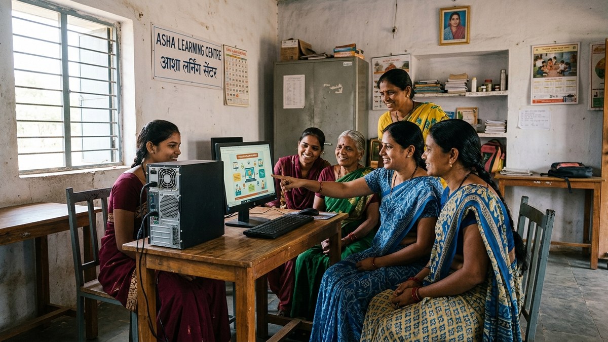 Indian homemaker learning digital literacy skills on computer at home