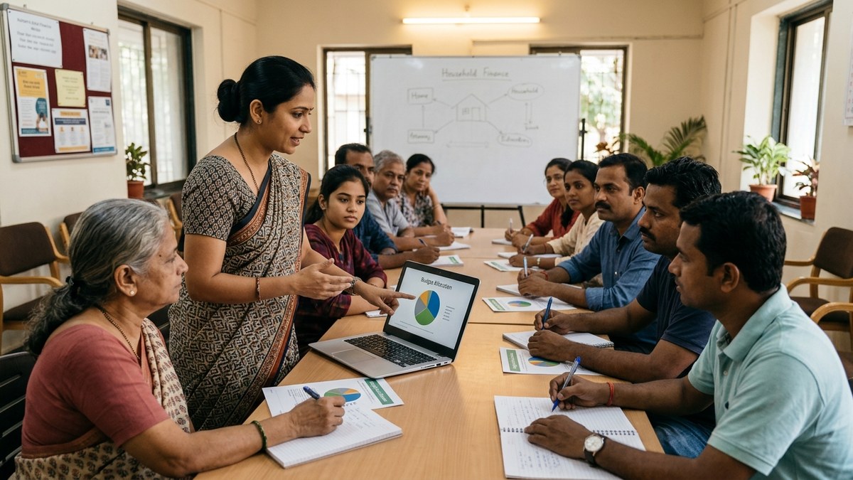 Community learning centre with students using computers for financial education
