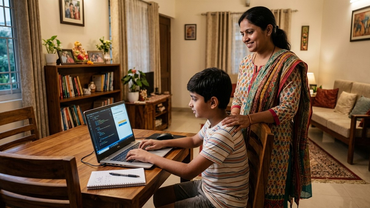 Indian kid learning coding classes for kids India on laptop with parent watching