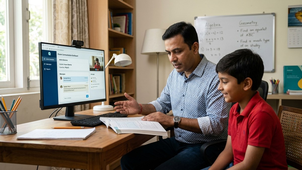 Indian educator teaching student with parent communication dashboard